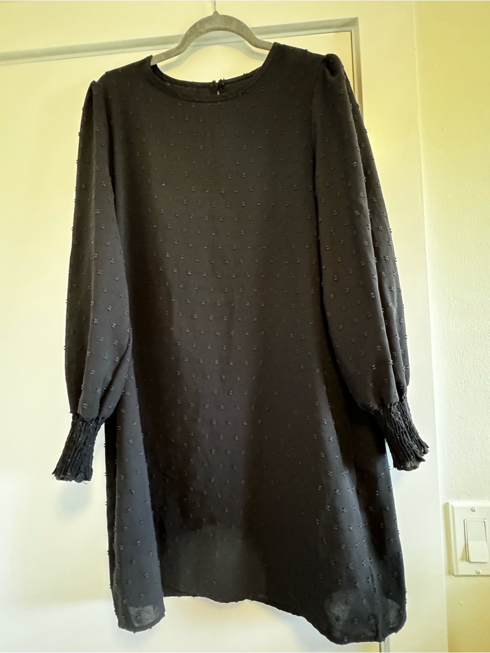 SHEIN Black Swiss Dot Long Sleeve Smocked Cuff Shift Dress